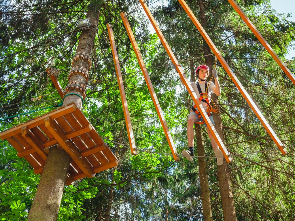enfant en train de faire de l'accrobranche dans les arbres