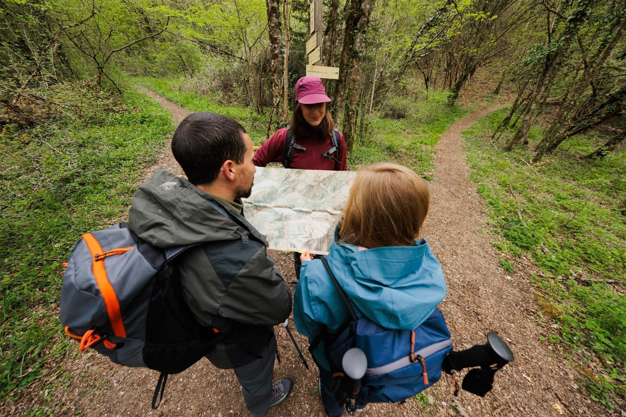 trois randonneurs en forêt en train de lire une carte IGN